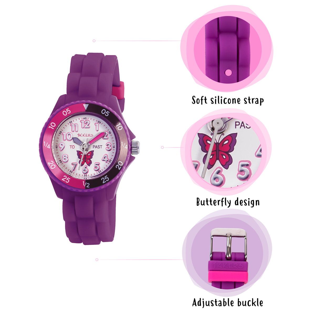 Tikkers Girls Purple Silicone Strap Butterfly Time Teacher Watch - TK0041