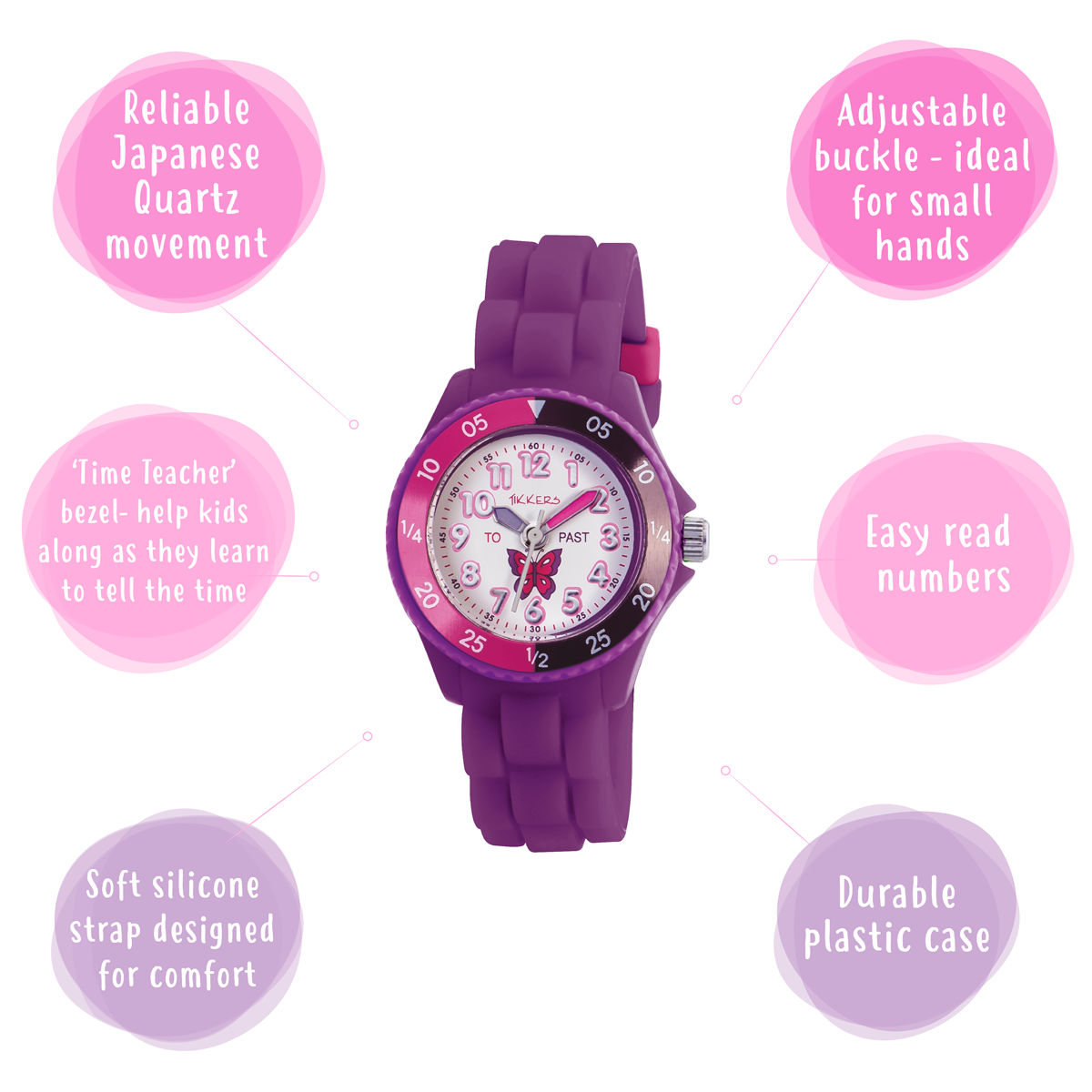 Tikkers Girls Purple Silicone Strap Butterfly Time Teacher Watch - TK0041