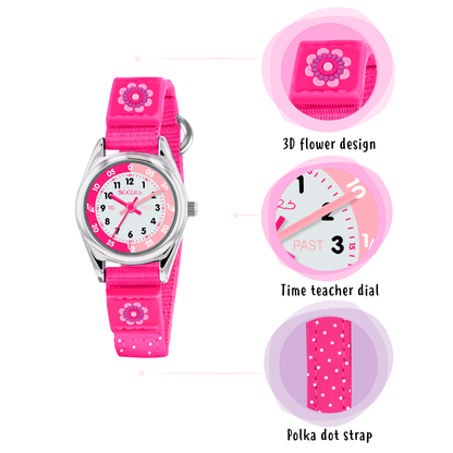Tikkers Girls Pink Canvas Strap Flower Time Teacher Watch - TK0119