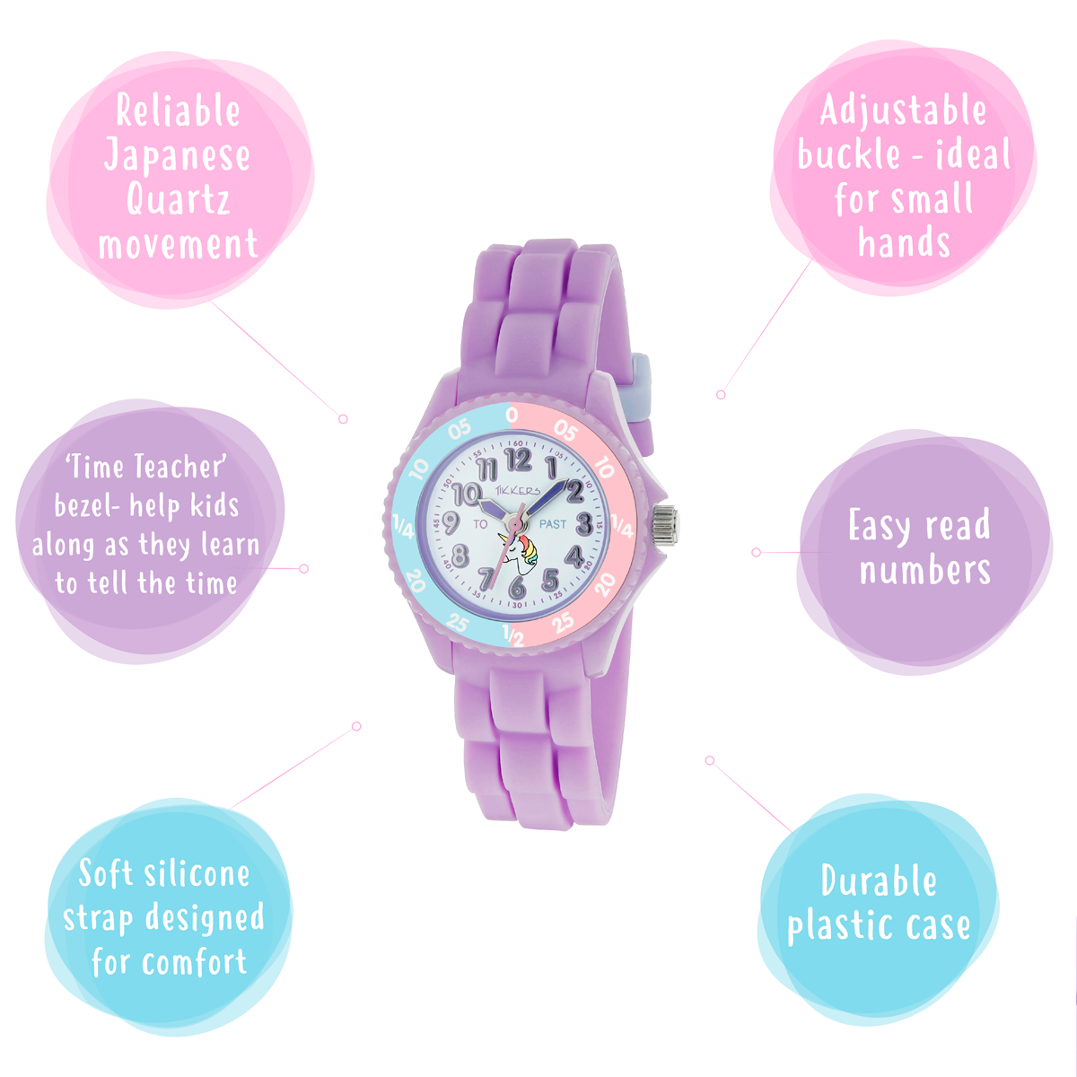 Tikkers Girls Purple Silicone Strap Unicorn Dial Time Teacher Watch - TK0147