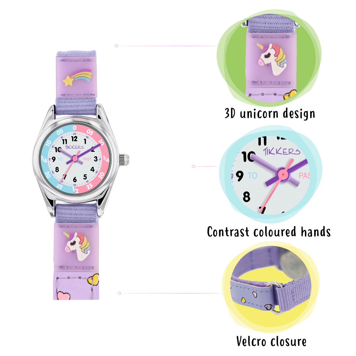Tikkers Girls Purple Fabric Rip Strap Unicorn Watch - TK0148