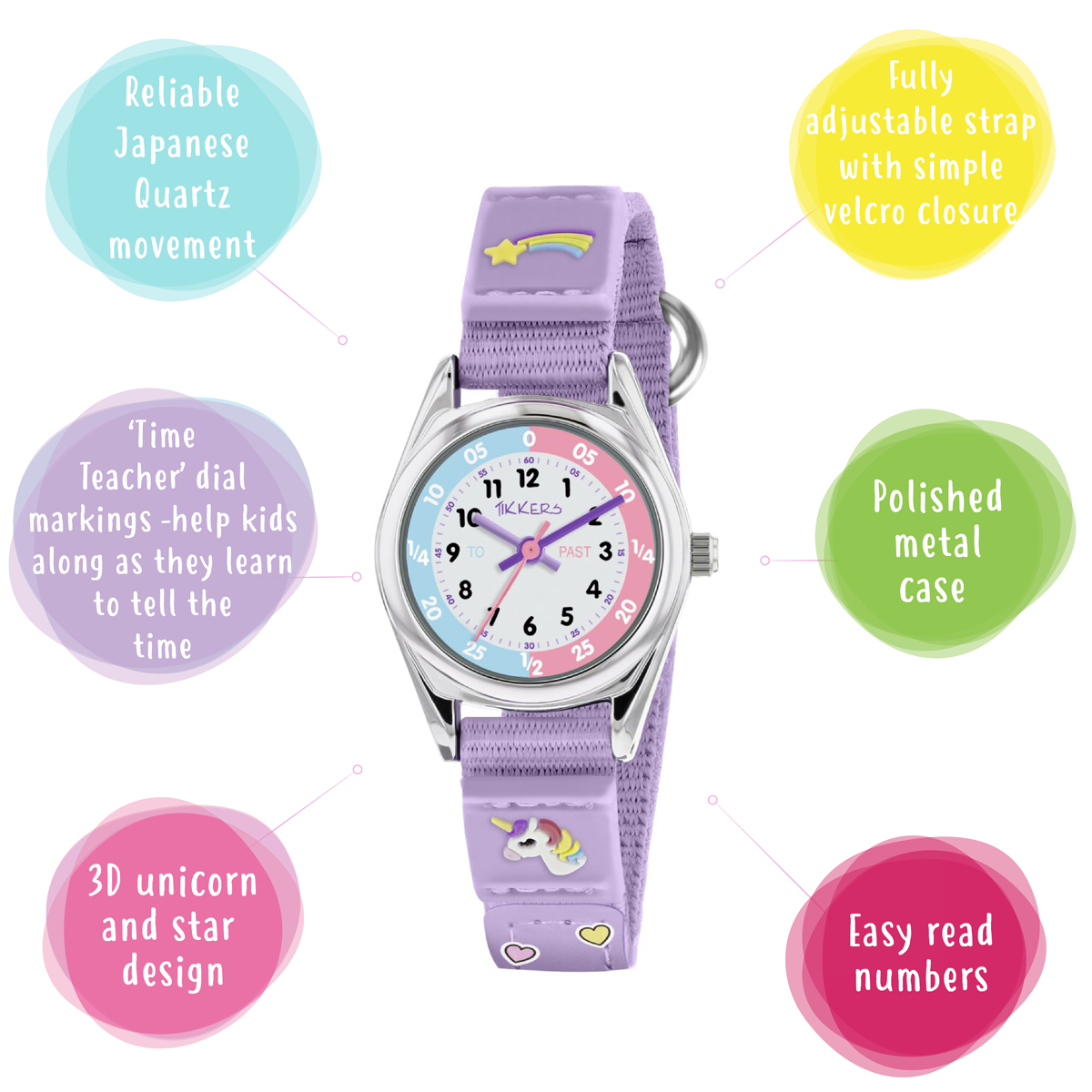 Tikkers Girls Purple Fabric Rip Strap Unicorn Watch - TK0148
