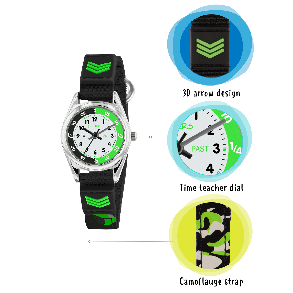 Tikkers Boys Black Fabric Rip Strap Camo Time Teacher Watch - TK0154
