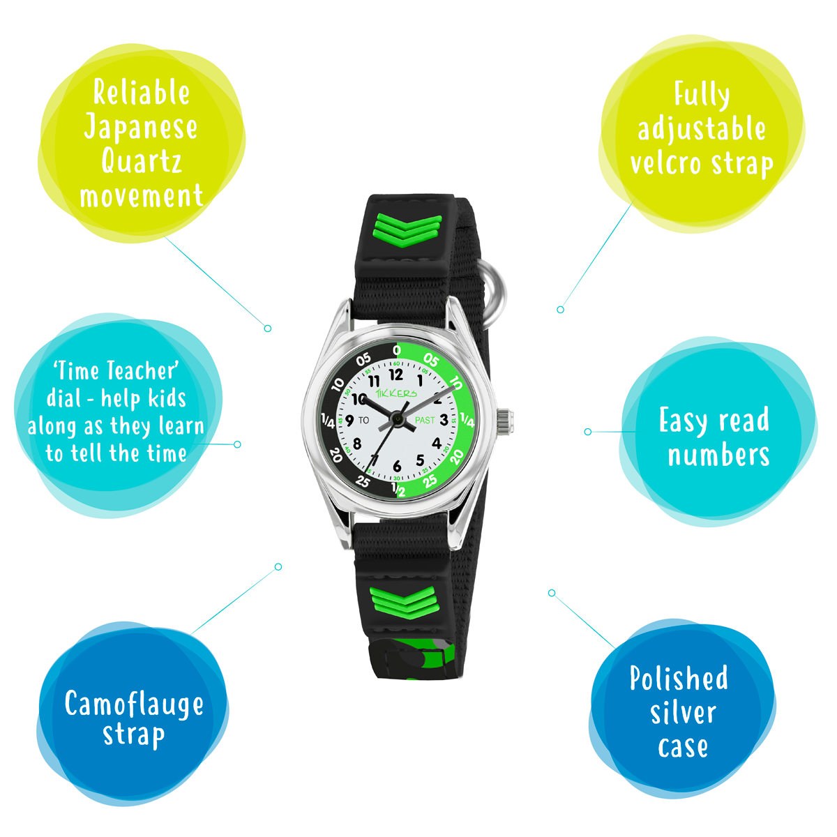 Tikkers Boys Black Fabric Rip Strap Camo Time Teacher Watch - TK0154