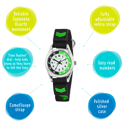 Tikkers Boys Black Fabric Rip Strap Camo Time Teacher Watch - TK0154