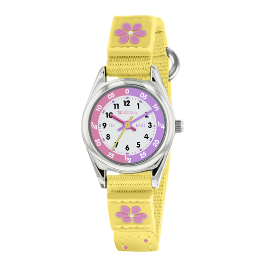 Tikkers Girls Yellow Fabric Strap Flower Time Teacher Watch - TK0155