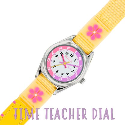 Tikkers Girls Yellow Fabric Strap Flower Time Teacher Watch - TK0155