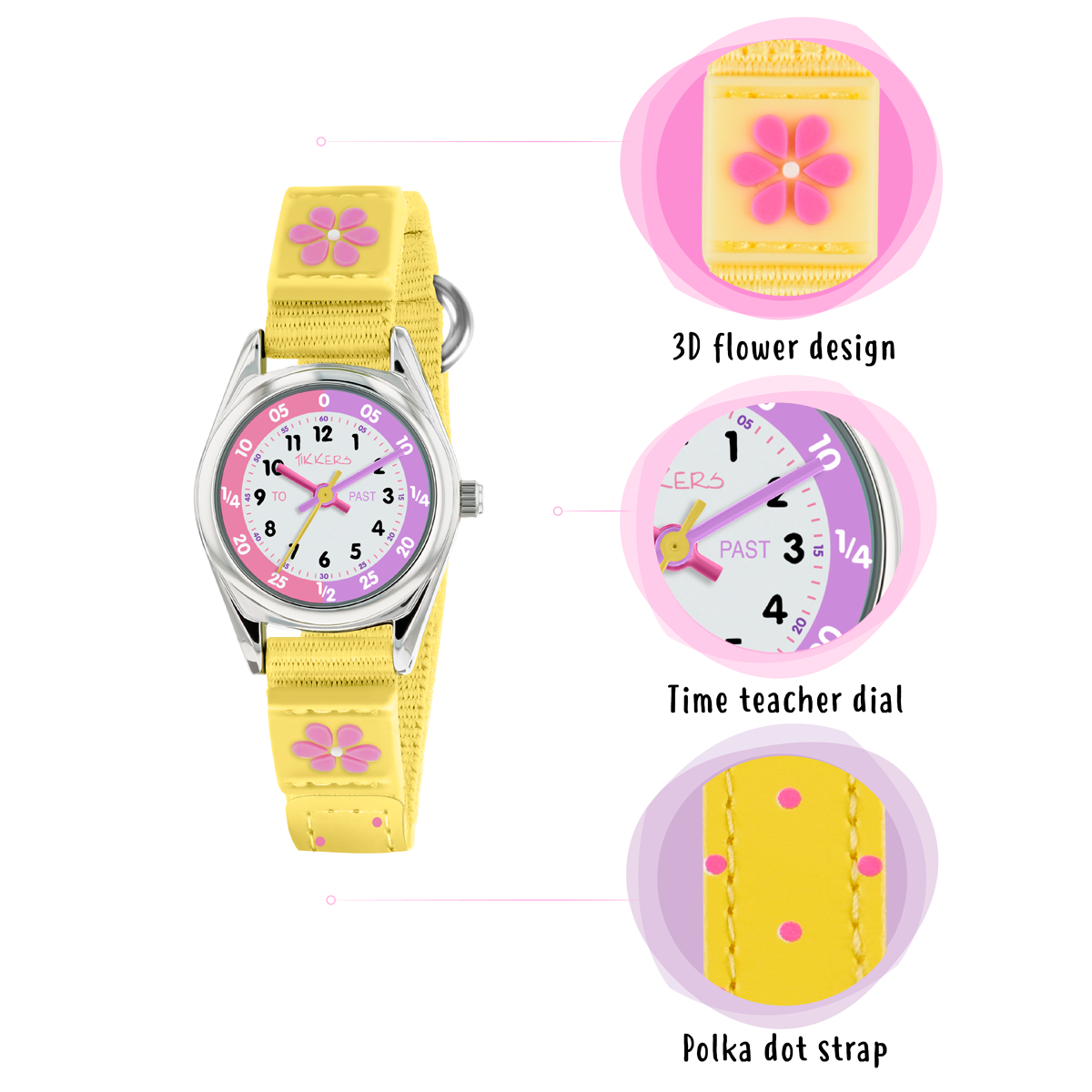 Tikkers Girls Yellow Fabric Strap Flower Time Teacher Watch - TK0155