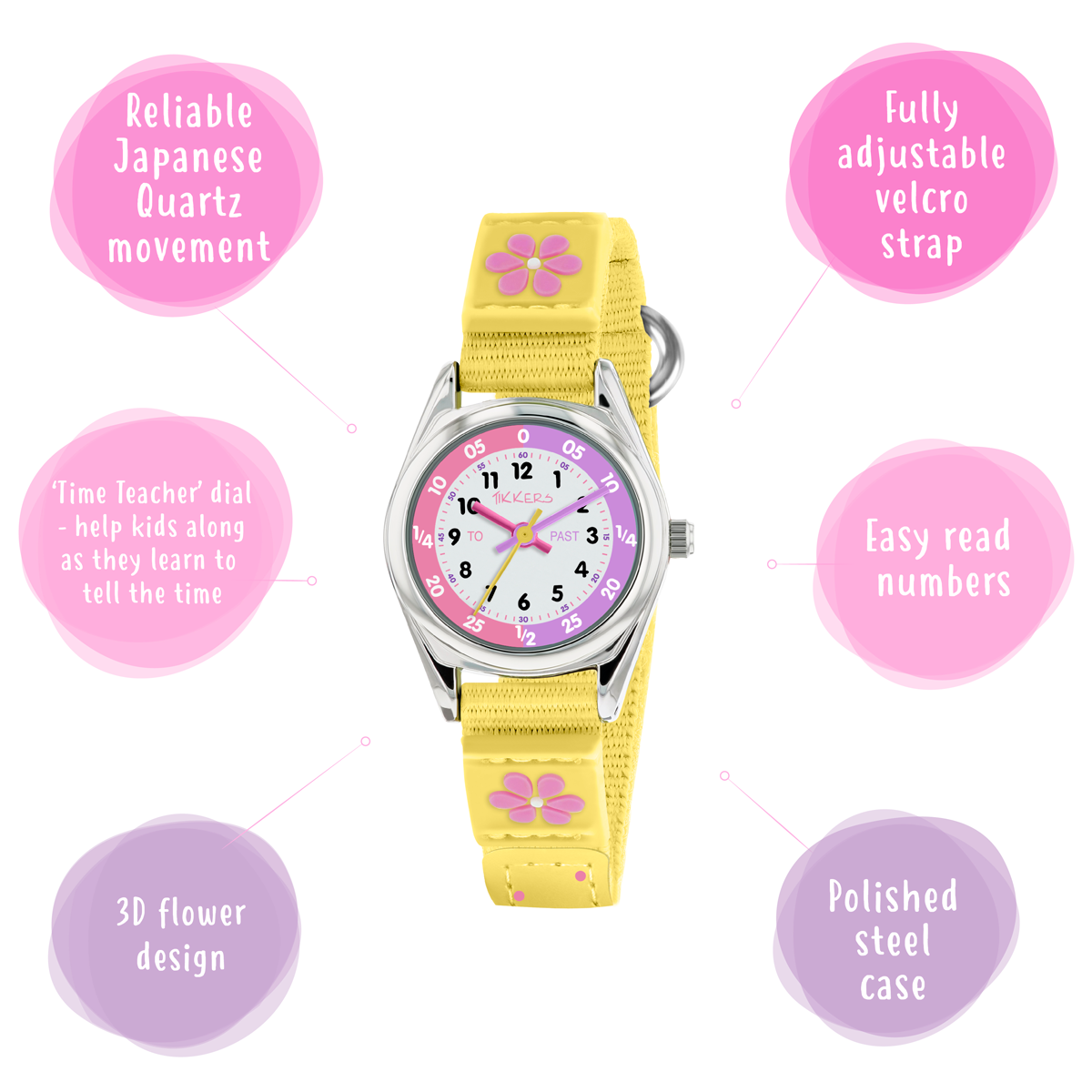 Tikkers Girls Yellow Fabric Strap Flower Time Teacher Watch - TK0155