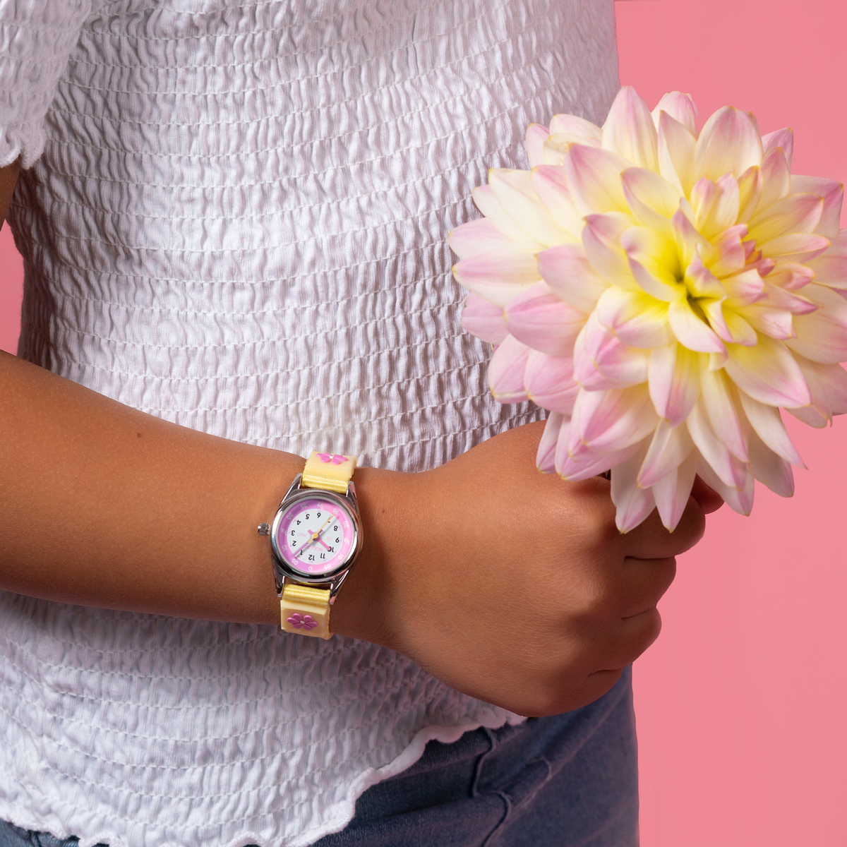 Tikkers Girls Yellow Fabric Strap Flower Time Teacher Watch - TK0155