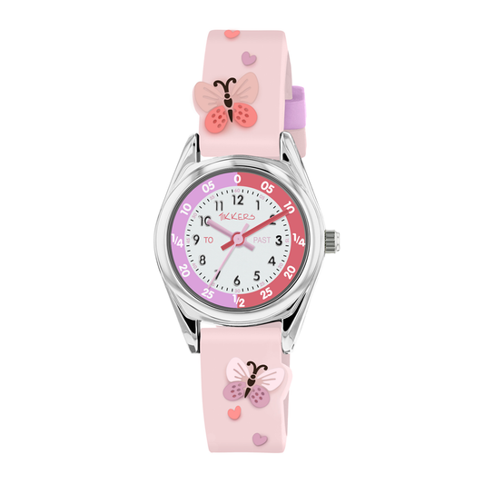 Tikkers Pink Strap Silver Time Teacher Butterfly Watch - TK0206