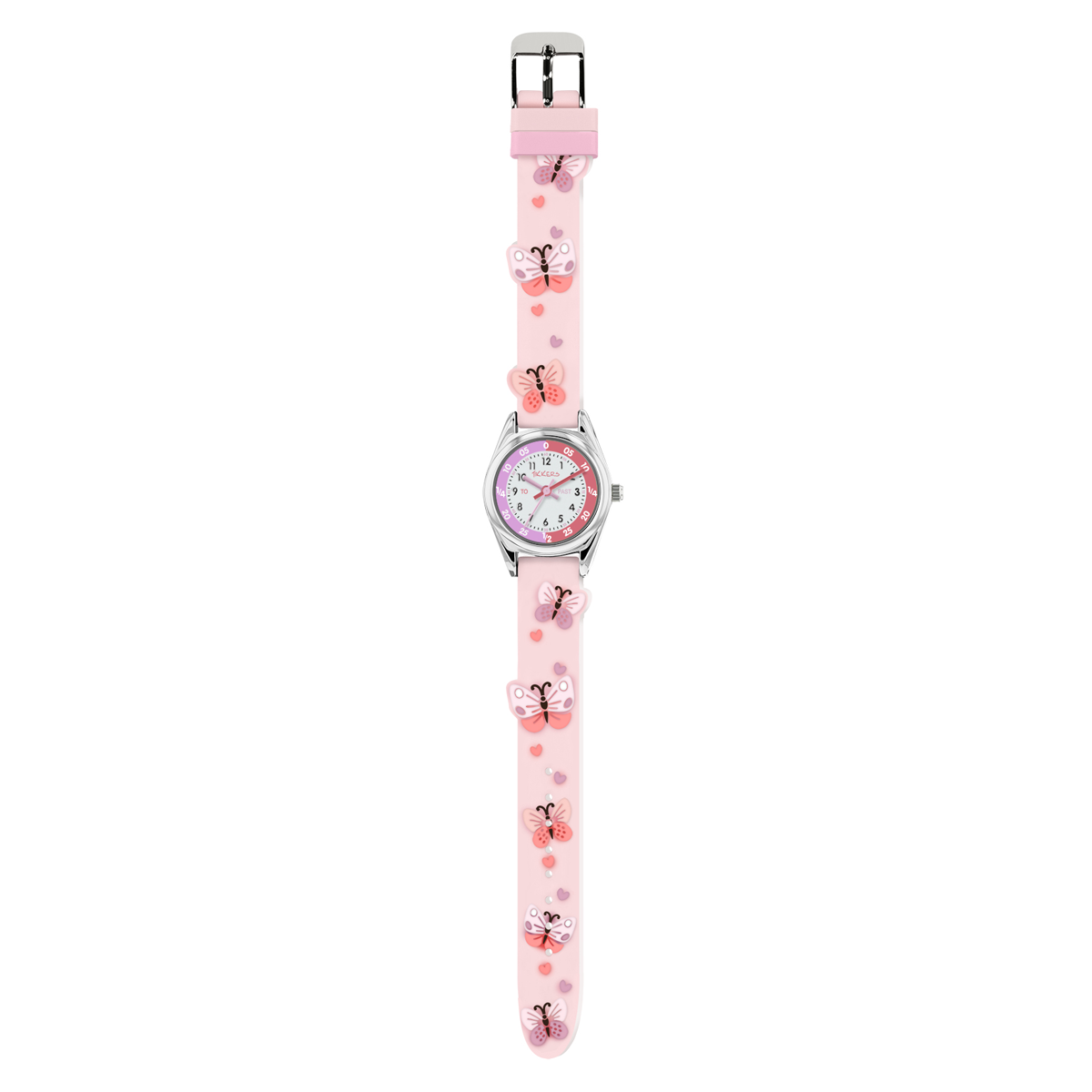 Tikkers Pink Strap Silver Time Teacher Butterfly Watch - TK0206