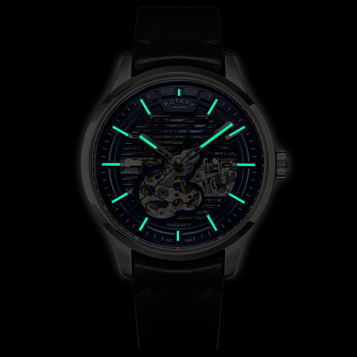 Rotary Men's Greenwich Skeleton Automatic 100M Water Resistance Stainless Steel Black Leather Strap Watch - RGS10077/05