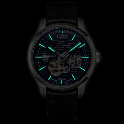 Rotary Men's Greenwich Skeleton Automatic 100M Water Resistance Stainless Steel Black Leather Strap Watch - RGS10077/05
