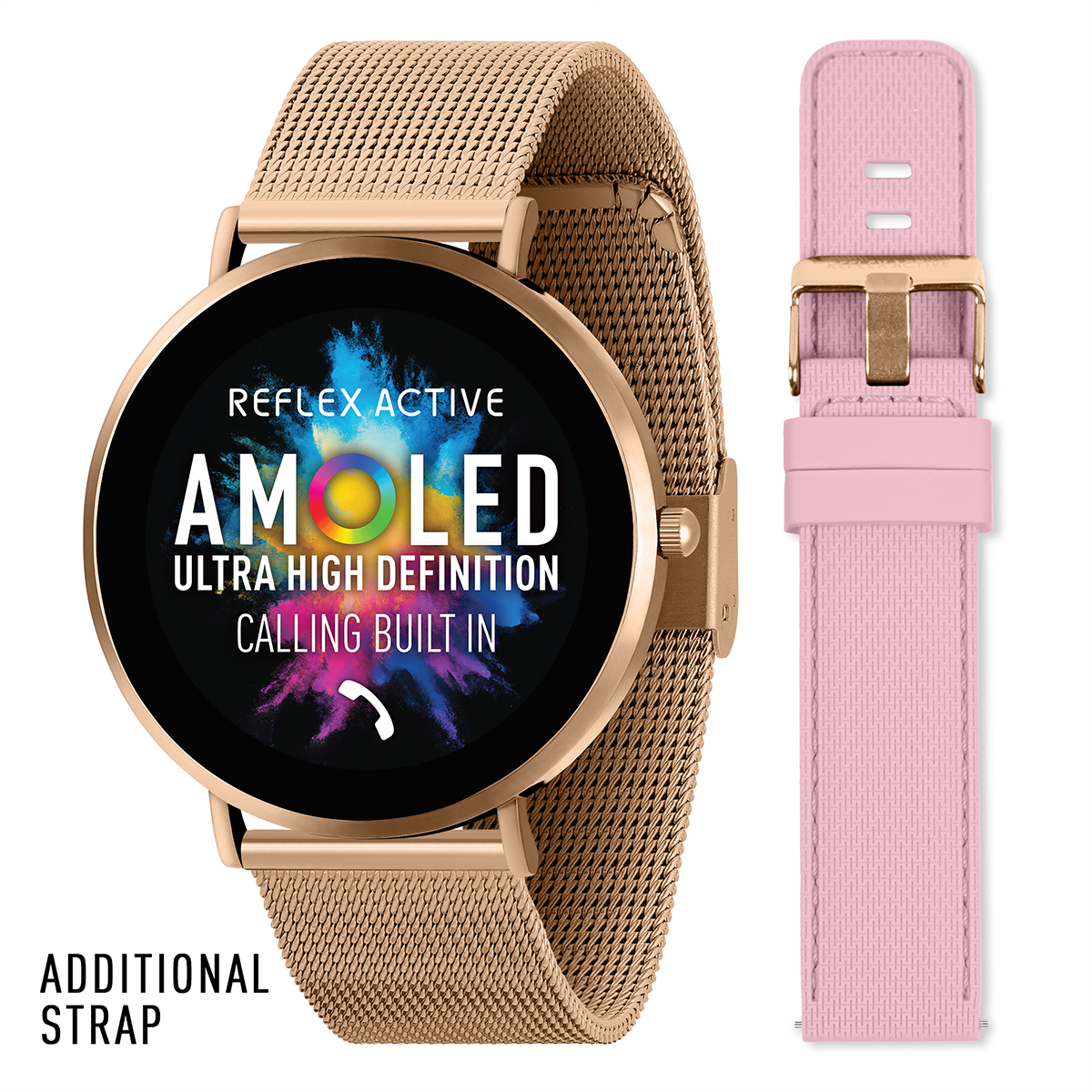 Reflex Active Spectra R 300 Slim Rose Gold Mesh and Pink Silicone Strap AMOLED Ultra Slim Smart Calling Watch Set  - RA42-2210