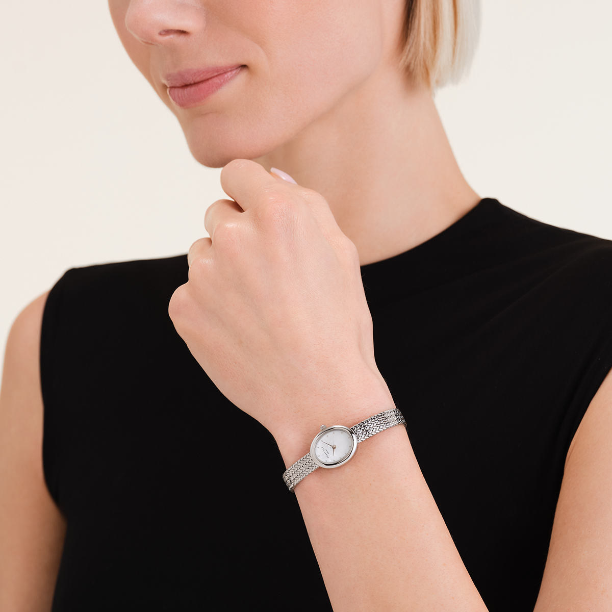 Mini Oval White Dial Silver Woven Mesh Strap - MWSMS-M05