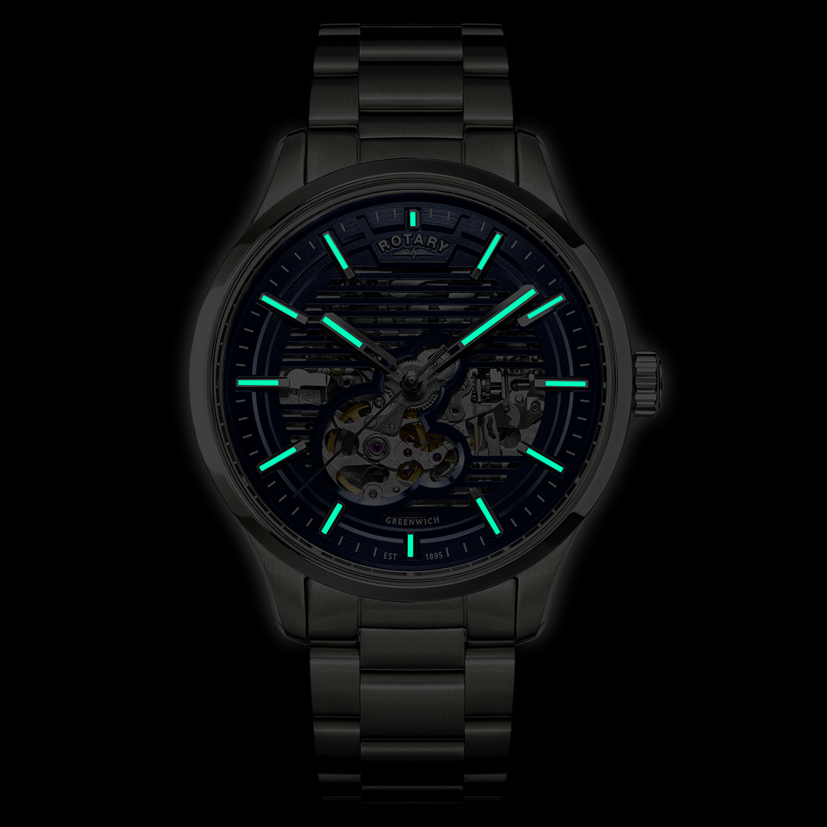 Rotary Men's Greenwich Skeleton Automatic 100M Water Resistance Blue Dial Stainless Steel Bracelet Watch - RGB10073/05