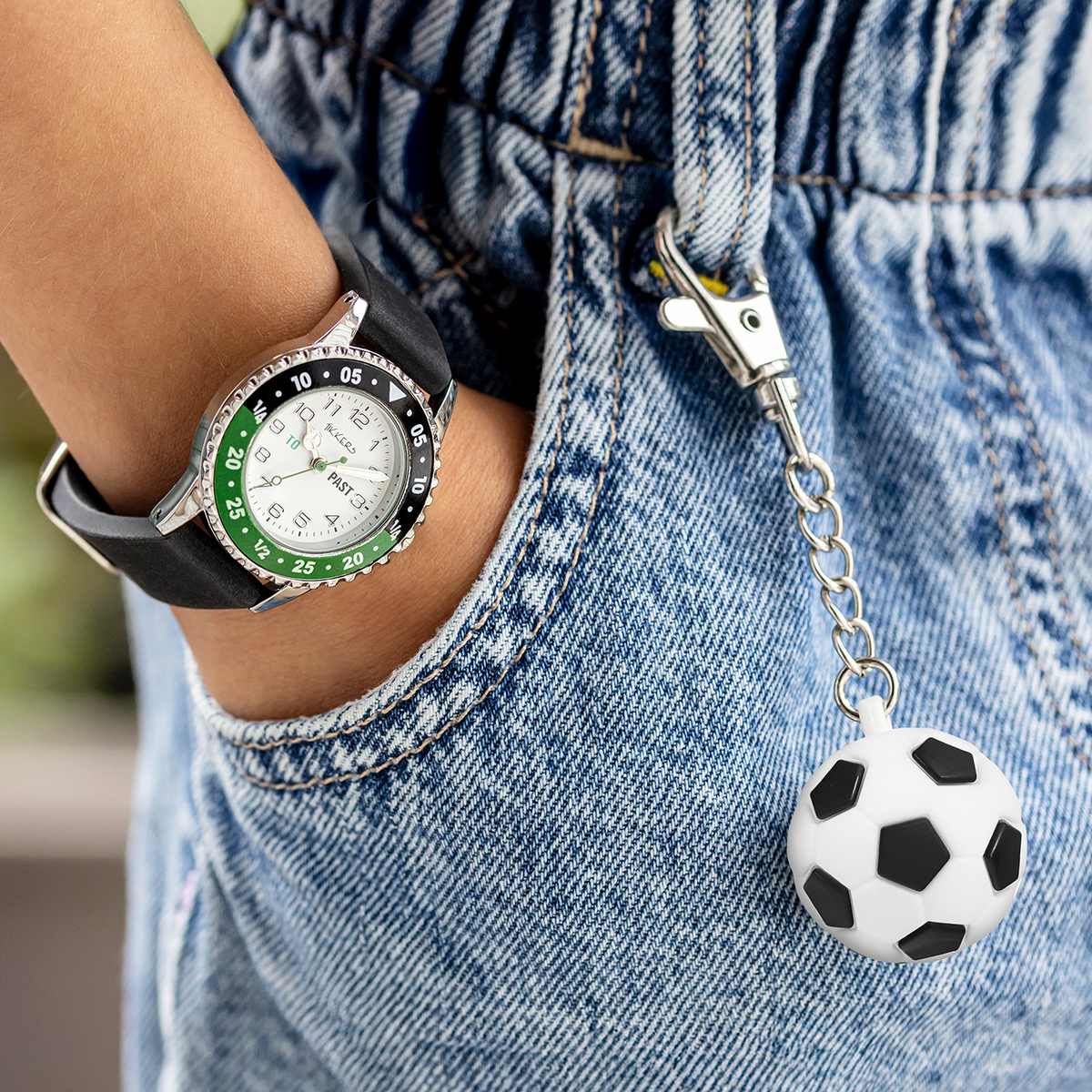 Tikkers Black Strap Time Teacher Watch and Football Keyring Set - ATK1095-SET