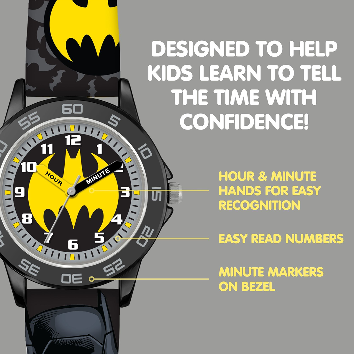 Batman Time Teacher Dial Quartz Watch with Silicone Strap for Kids - BAT9504