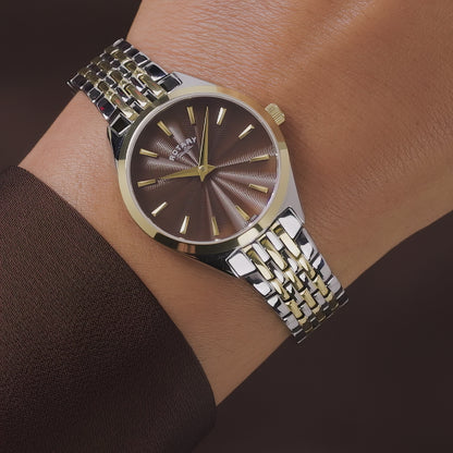 Rotary Ladie's Ultra Slim Sunray Guilloche Dial Silver & Gold Plated Stainless Steel Bracelet Watch - LB08011/49