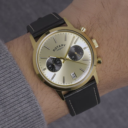 Rotary Men's 1895 Gold Plated Stainless Steel Chronograph Brown Leather Strap Watch - RGS10068/03