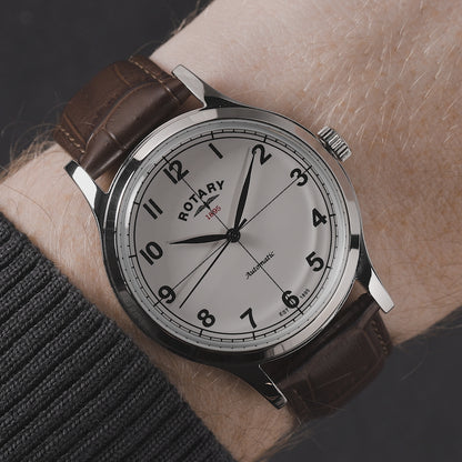 Rotary Men's 1895 Automatic Stainless Steel White Dial Brown Leather Strap Watch - RGS10081/01