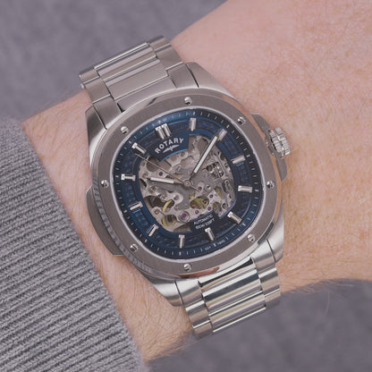 Rotary Men's Apex 100 Automatic Skeleton Dial Blue Dial Stainless Steel Bracelet Watch - RGB10079/05