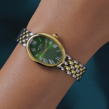Rotary Ladies Heritage Astoria Green Satin Dial Silver & Gold Plated Stainless Steel Pebble Bracelet Watch - RLB10025/24