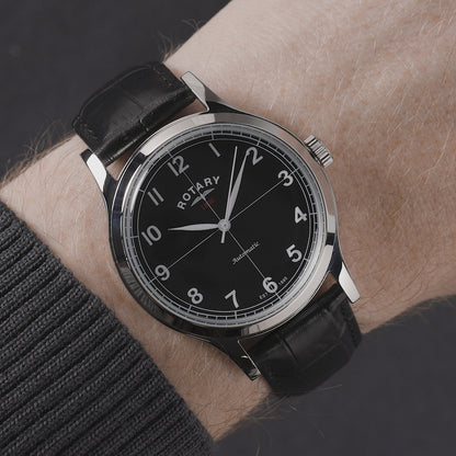 Rotary Men's 1895 Automatic Stainless Steel Black Dial Black Leather Strap Watch - RGS10081/04