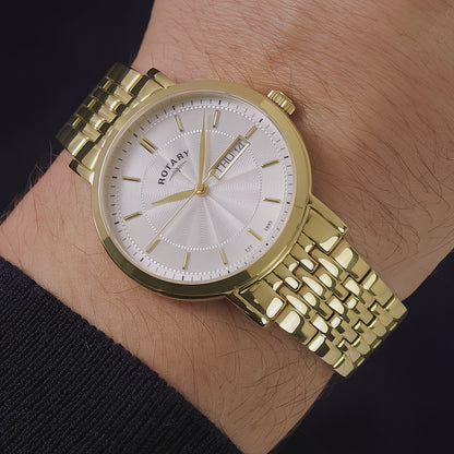 Rotary Men's Heritage White Guilloche Dial Gold Plated Stainless Steel Bracelet Watch - GB05423/02