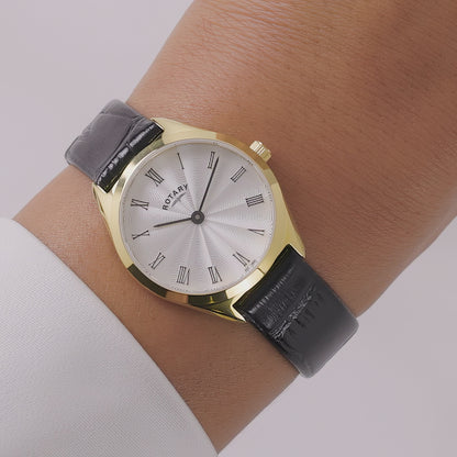 Rotary Ladie's Ultra Slim Gold Plated Stainless Steel Black Leather Strap Watch - LS08013/01