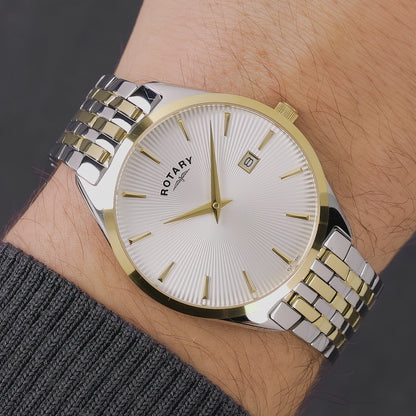 Rotary Men's Ultra Slim Silver & Gold Plated Stainless Steel Bracelet Watch - GB08011/02