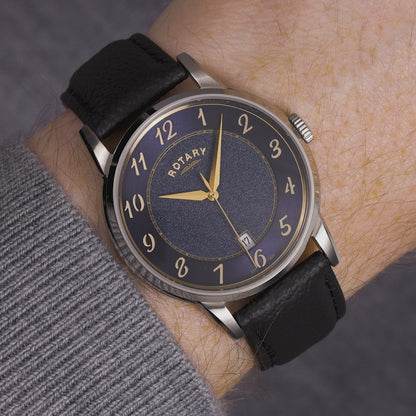 Rotary Men's Rotary Heritage Stainless Steel Navy Blue Dial Black Leather Strap Watch - RGS10083/05