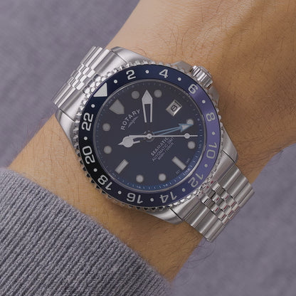 Rotary Men's Seamatic GMT 300M Water Resistance Blue Dial Stainless Steel Bracelet Watch - RGB10005/04