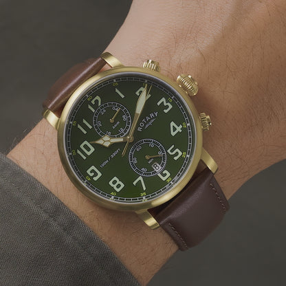 Rotary Men's Heritage Pilot 100M Water Resistance Gold Stainless Steel Brown Leather Strap Watch - RGS10002/24