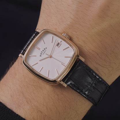 Rotary Men's Heritage Astoria Square Rose Gold Plated Stainless Steel Case Black Leather Strap Watch - GS05309/01