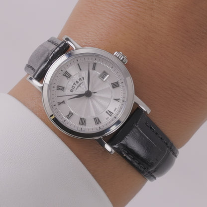 Rotary Ladies Heritage White Roman Numeral Dial Stainless Steel Black Leather Strap Watch - LS05420/01