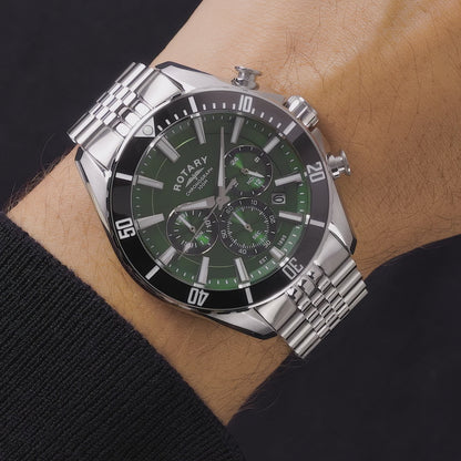 Rotary Men's Apex 100 Chronograph 100M Water Resistance Green Dial Stainless Steel Bracelet Watch - RGB10013/24