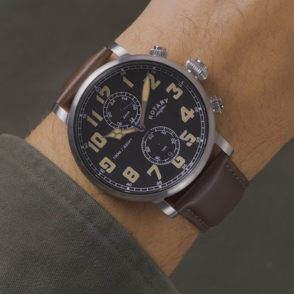 Rotary Men's Heritage Pilot 100M Water Resistance Stainless Steel Brown Leather Strap Watch - RGS10000/04