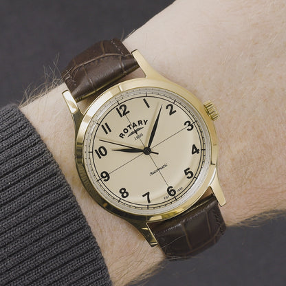 Rotary Men's 1895 Automatic Gold Plated Stainless Steel Brown Leather Strap Watch - RGS10082/03